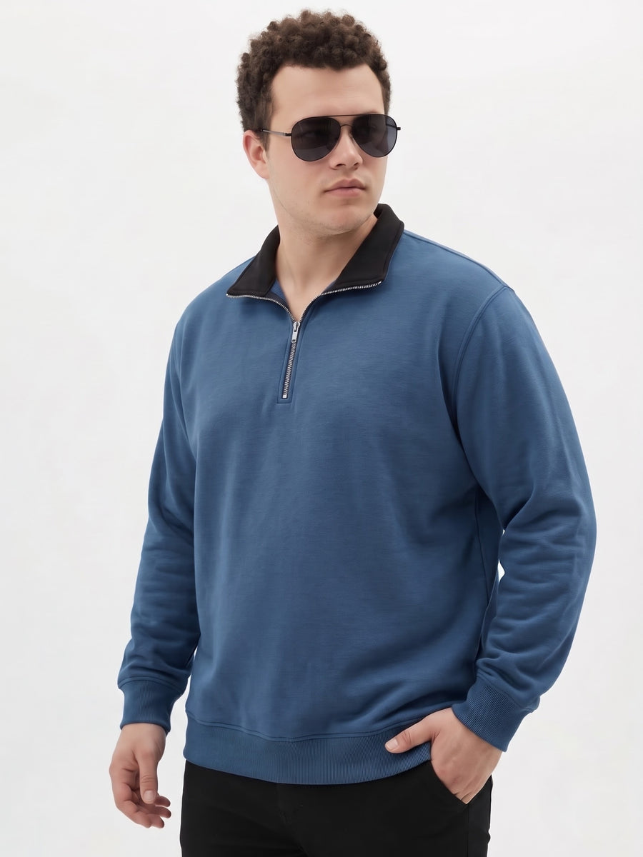 Contrast Collar Quarter Zip Plus Size Sweatshirt