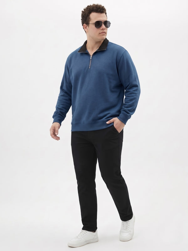 Contrast Collar Quarter Zip Sweatshirt in Denim Blue