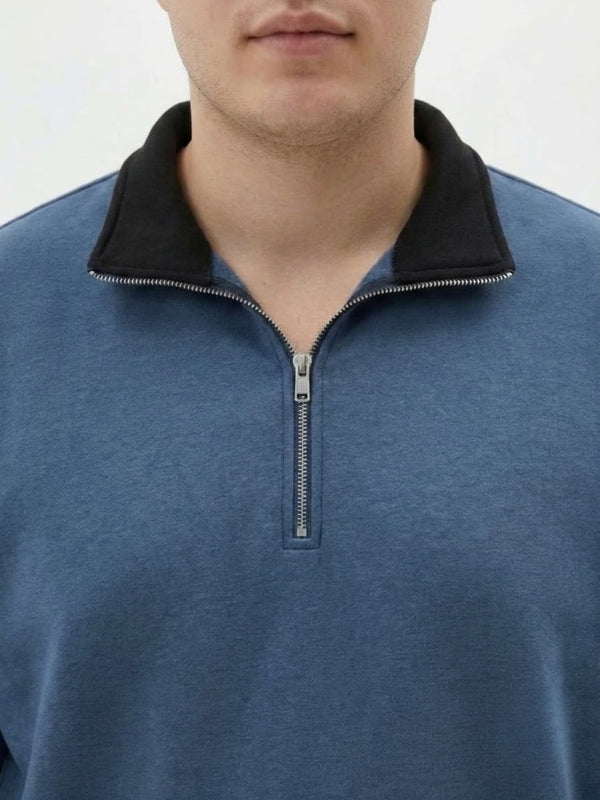 Contrast Collar Quarter Zip Sweatshirt in Denim Blue