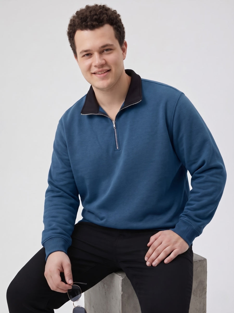 Contrast Collar Quarter Zip Plus Size Sweatshirt