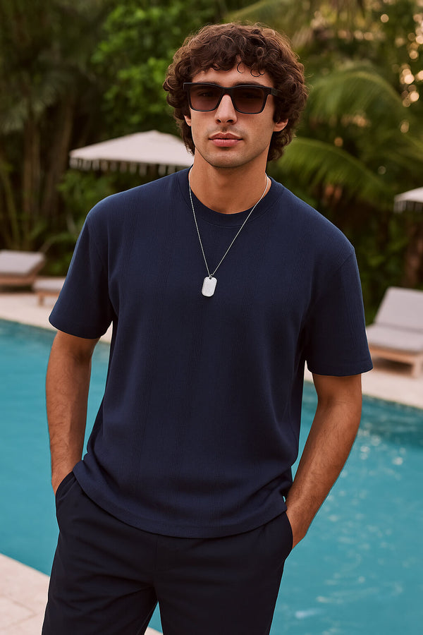 Jacquard Navy Textured Oversize T-shirt