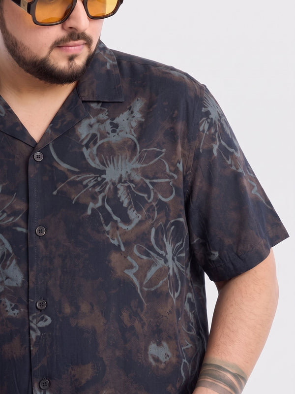 Cuban Collar Printed Shirt in Navy Blue