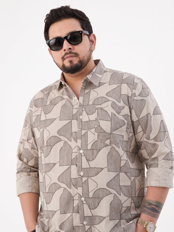 Geometric Print Full Sleeve Cotton Shirt in Beige