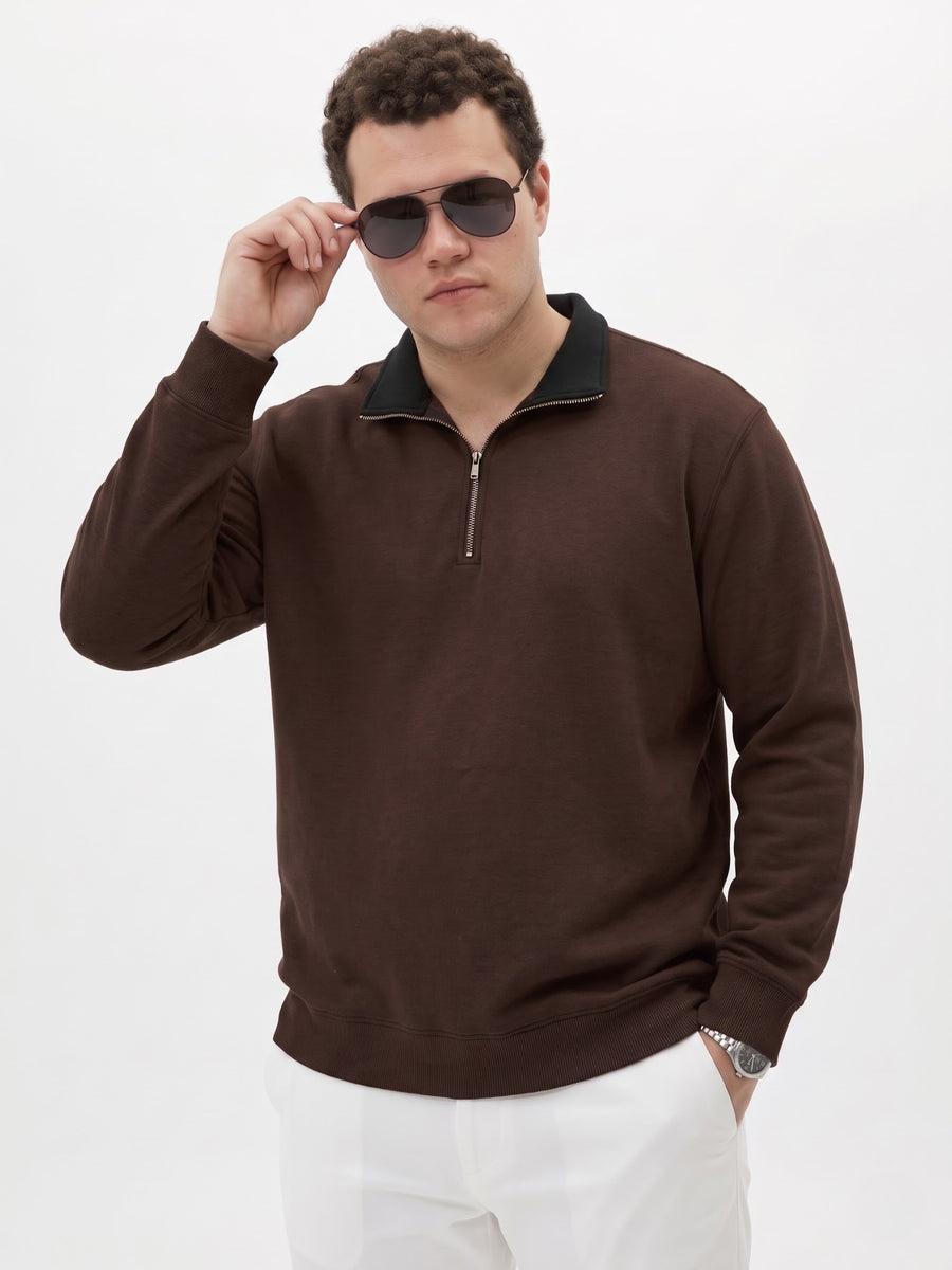 Contrast Collar Quarter Zip Plus Size Sweatshirt