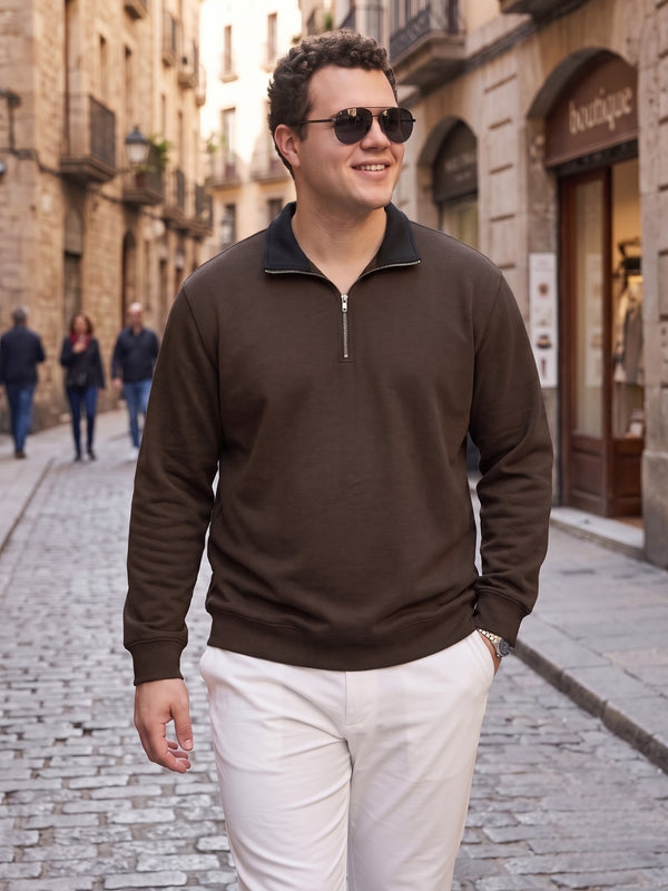 Contrast Collar Quarter Zip Sweatshirt in Brown