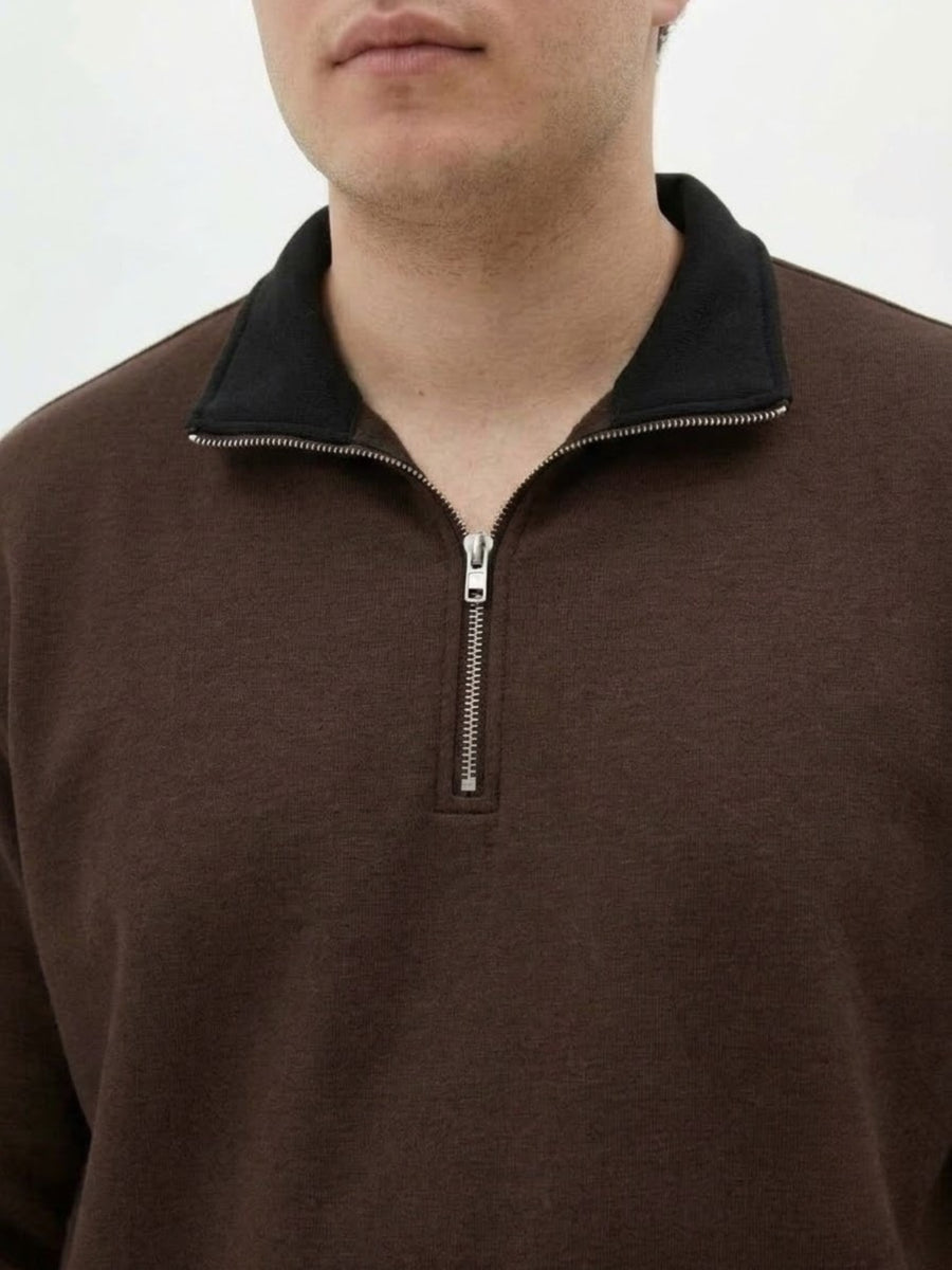 Contrast Collar Quarter Zip Plus Size Sweatshirt