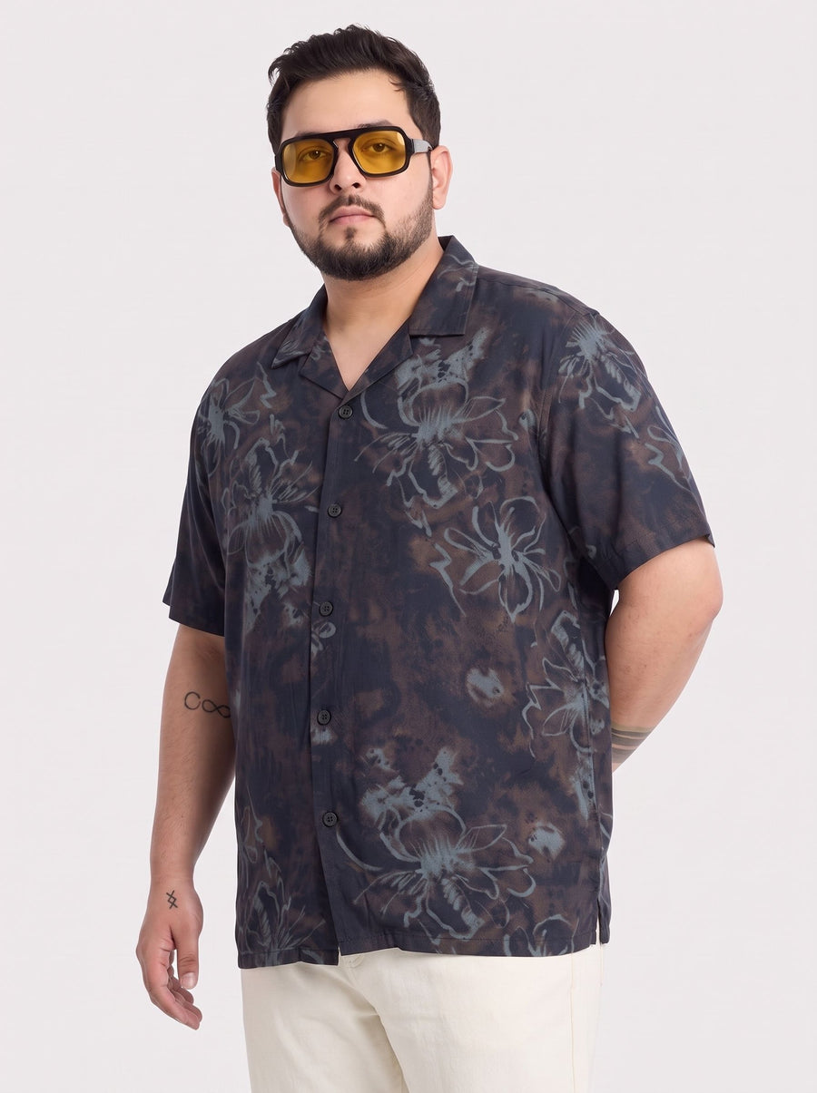 Cuban Collar Printed Plus Size Shirt