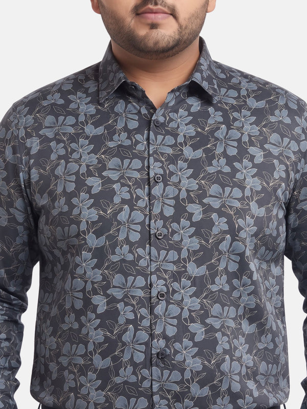 Satin Flower Print Shirt in Navy Blue