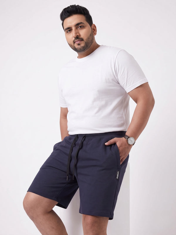 French Terry Mid-Rise Shorts with Zip Pocket in Navy Blue