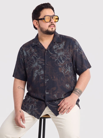 Cuban Collar Printed Plus Size Shirt