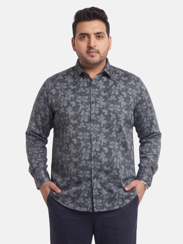 Satin Flower Print Shirt in Navy Blue