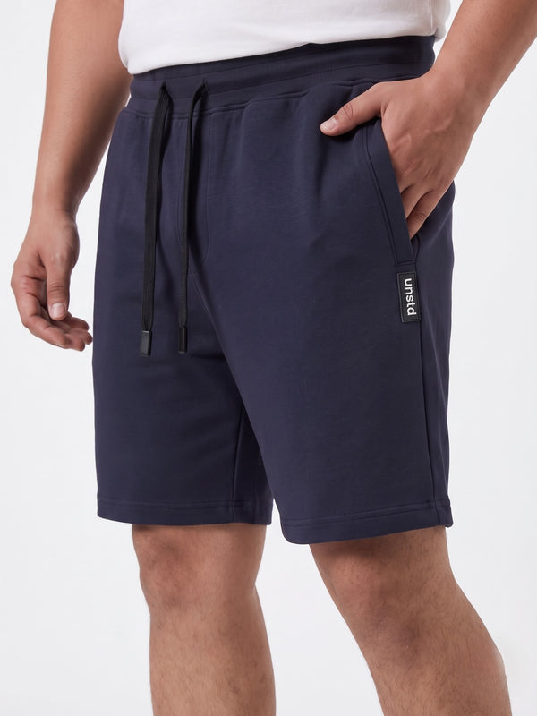 French Terry Mid-Rise Shorts with Zip Pocket in Navy Blue