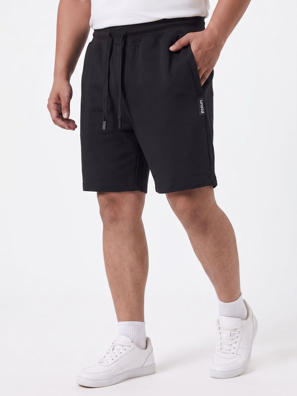 French Terry Mid-Rise Shorts with Zip Pocket in Black