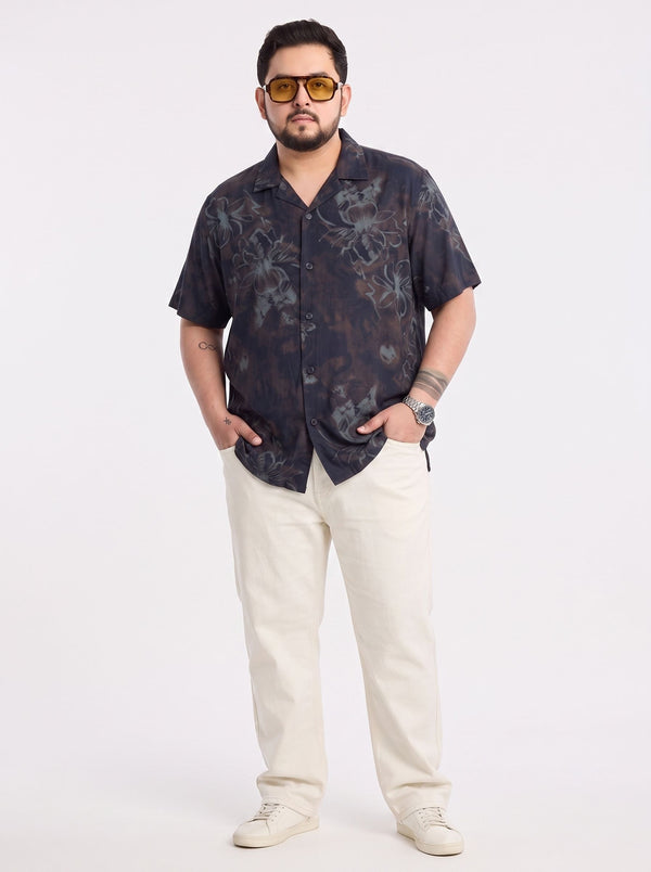 Cuban Collar Printed Shirt in Navy Blue