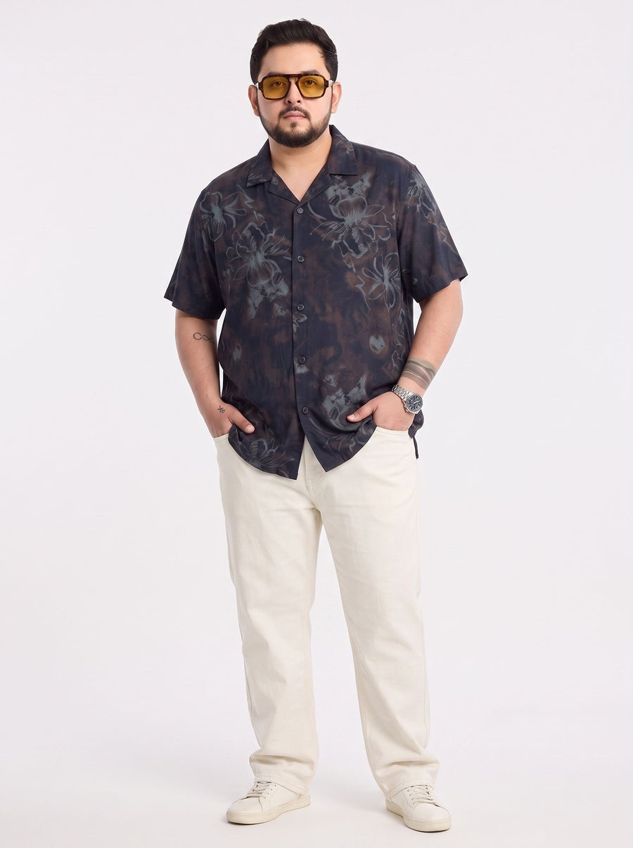 Cuban Collar Printed Plus Size Shirt