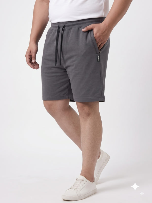 French Terry Mid-Rise Shorts with Zip Pocket in Dark Grey