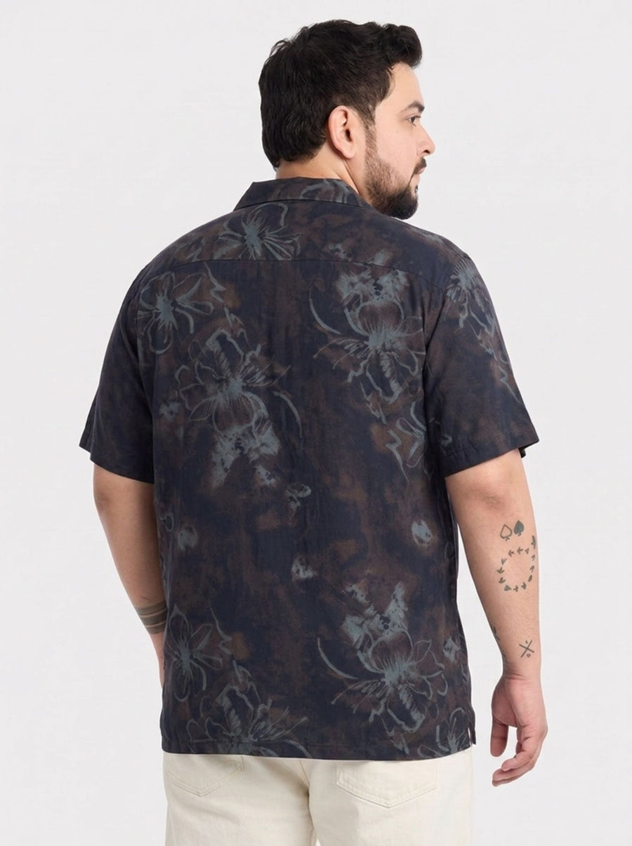 Cuban Collar Printed Plus Size Shirt
