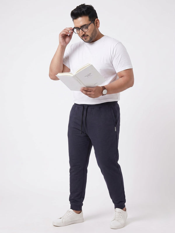 French Terry Mid-Rise Joggers with Zip Pocket in Navy Blue