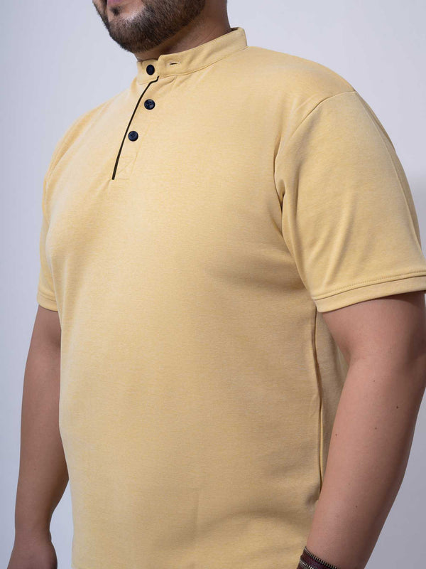 Mustard Melange Mandarin Collar Polo T-shirt in Mustard Yellow