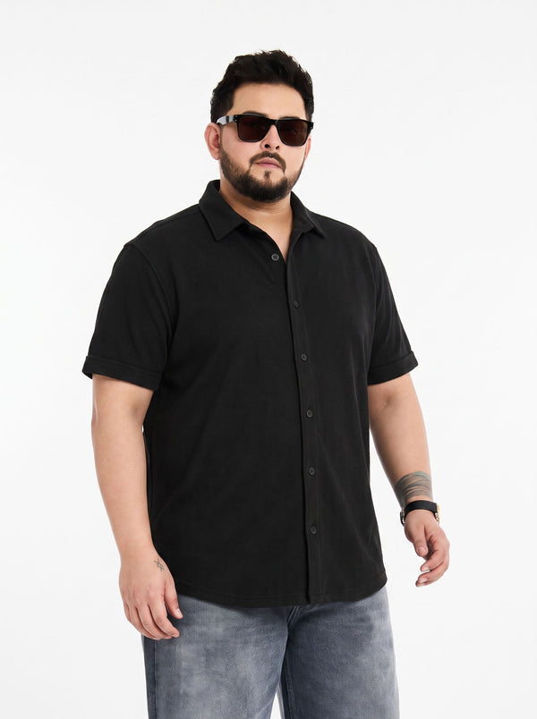 Plus Siz Black Half Sleeve Cotton Shirt in Black