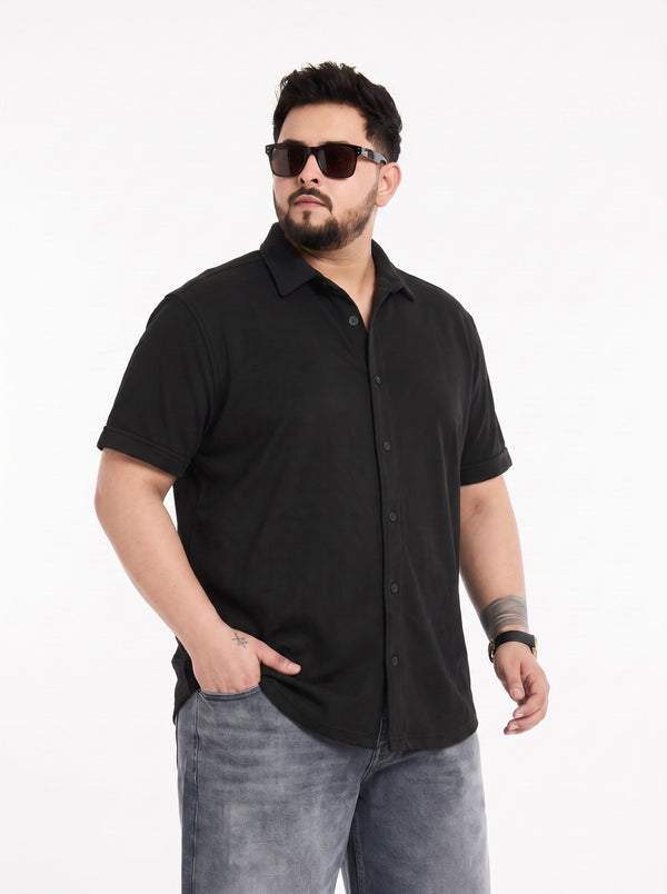 Plus Siz Black Half Sleeve Cotton Shirt in Black