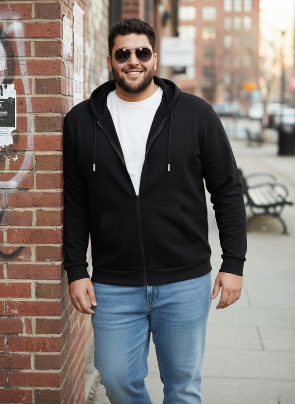 Solid Zipper Hoodie in Black