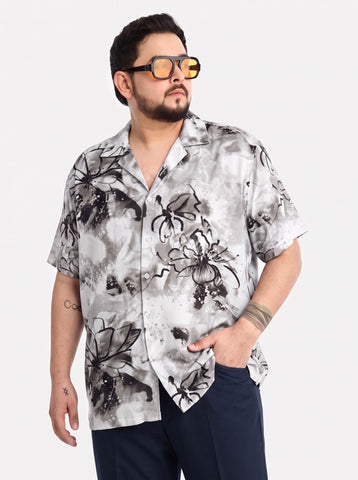 Cuban Collar Printed Plus Size Shirt