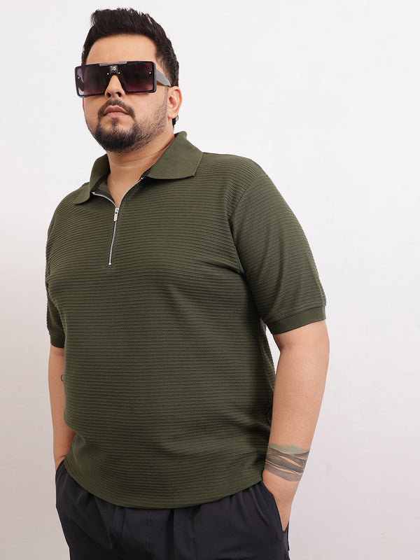 Interlock Zipper Knitted Polo T-shirt in olive green