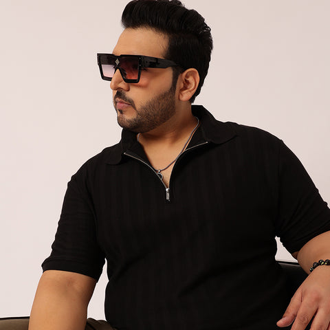 Textured Premium  Zipper Knitted Polo T-shirt