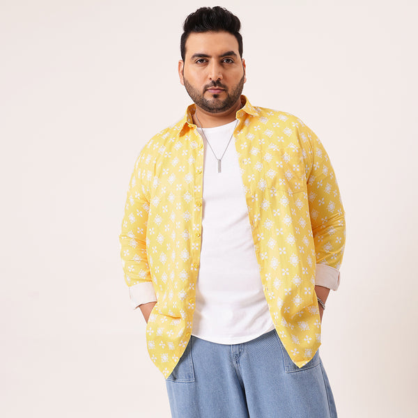 Yellow Digital Floral Print Satin Cotton Shirt