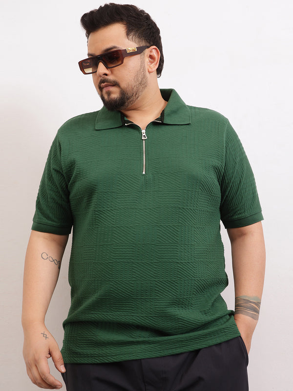 Check Box Knit Textured Zipper Plus Size Polo