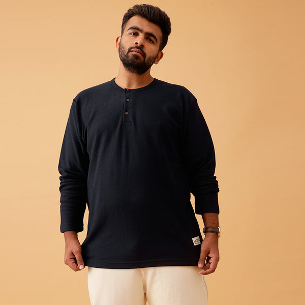 Henley Textured Premium Full Sleeve Tee in Navy Blue