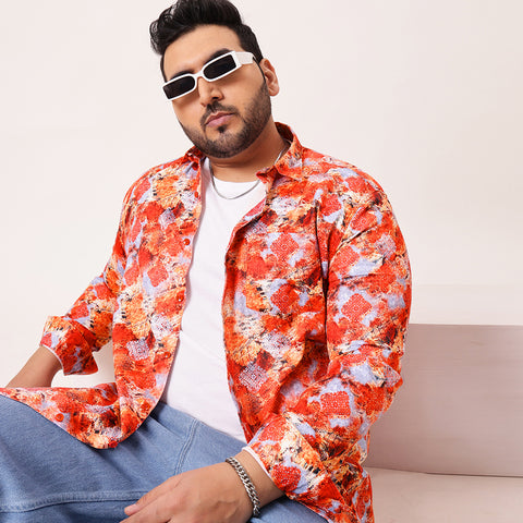 Red Digital Floral Print Satin Cotton Shirt