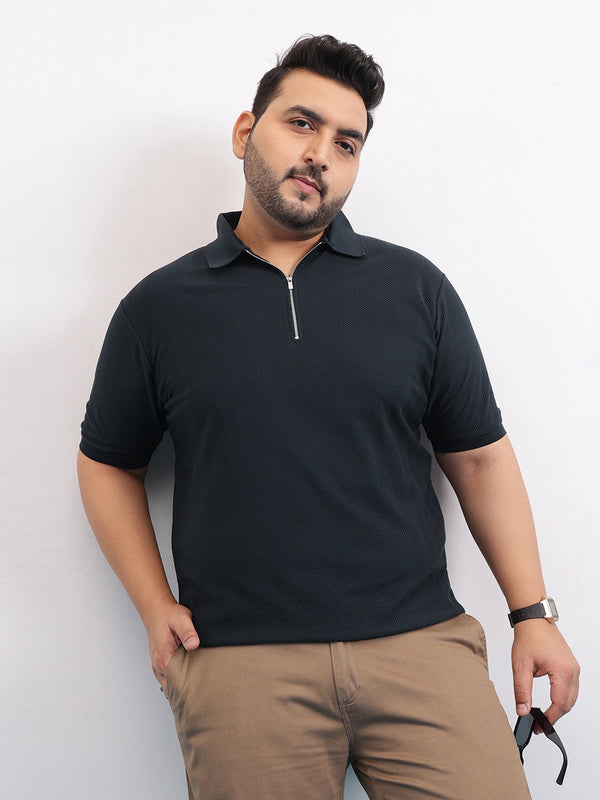 Textured Premium  Zipper Knitted Polo T-shirt