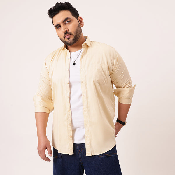 Beige Solid Cotton Plus Size Shirt