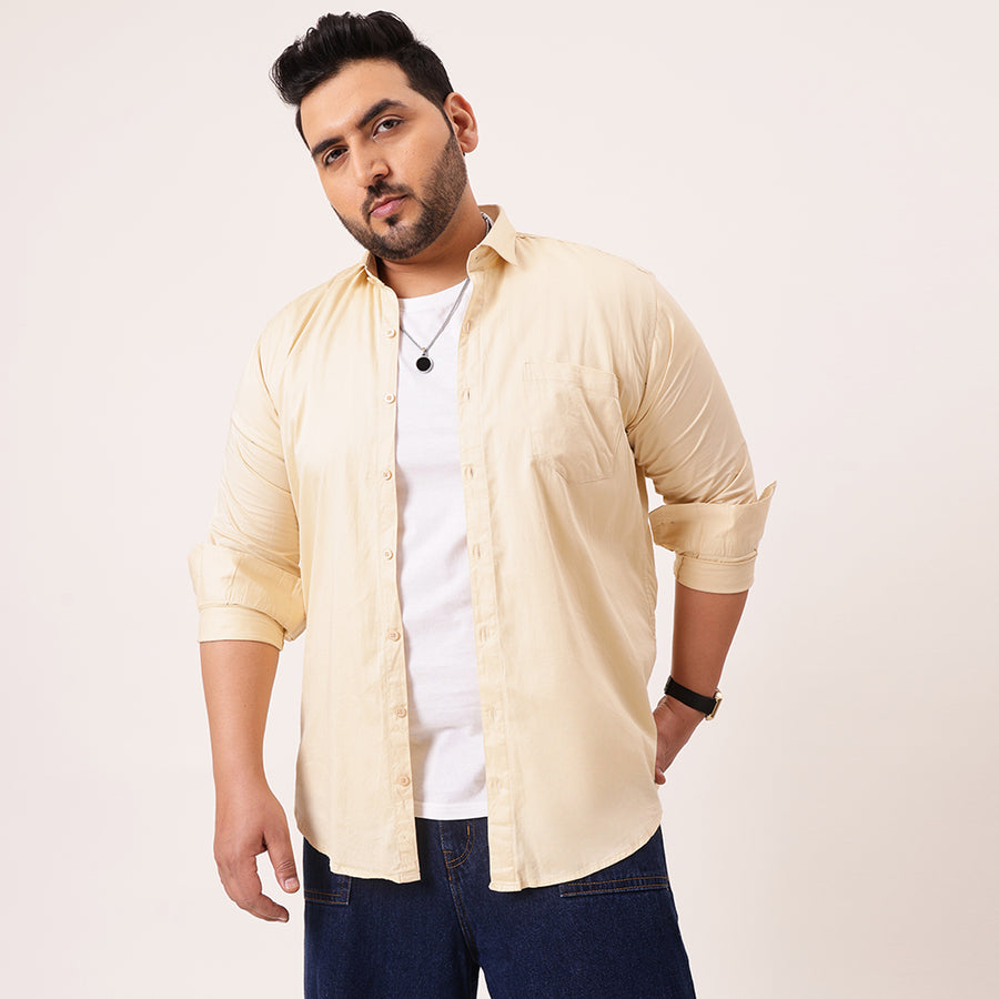 Beige Solid Cotton Plus Size Shirt