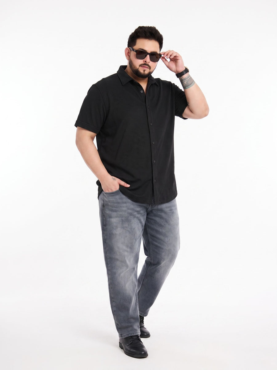 Plus Siz Black Half  Sleeve Cotton Shirt
