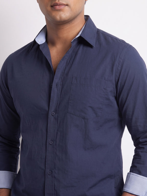Contrast Collar Men Shirt in Navy Blue