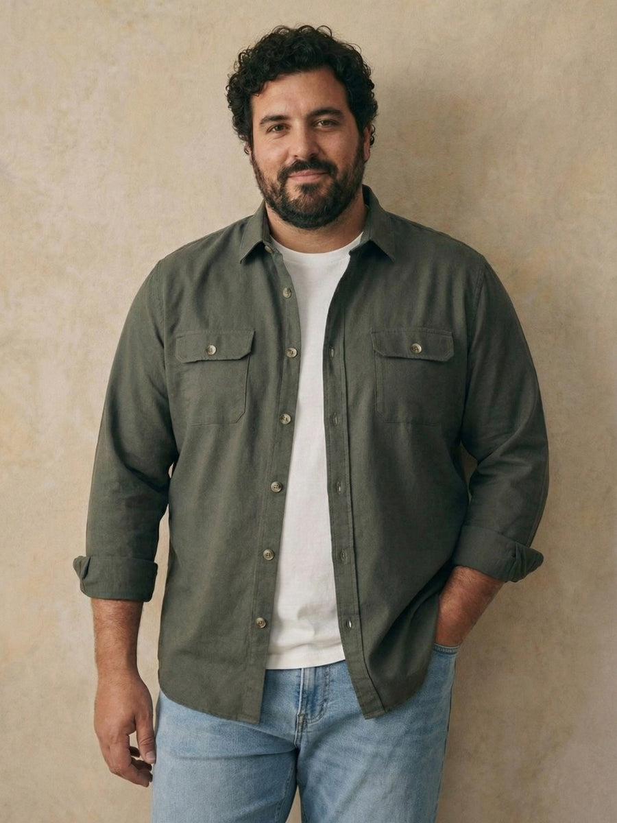 Double Pocket Poplin Solid Plus Size Shirt