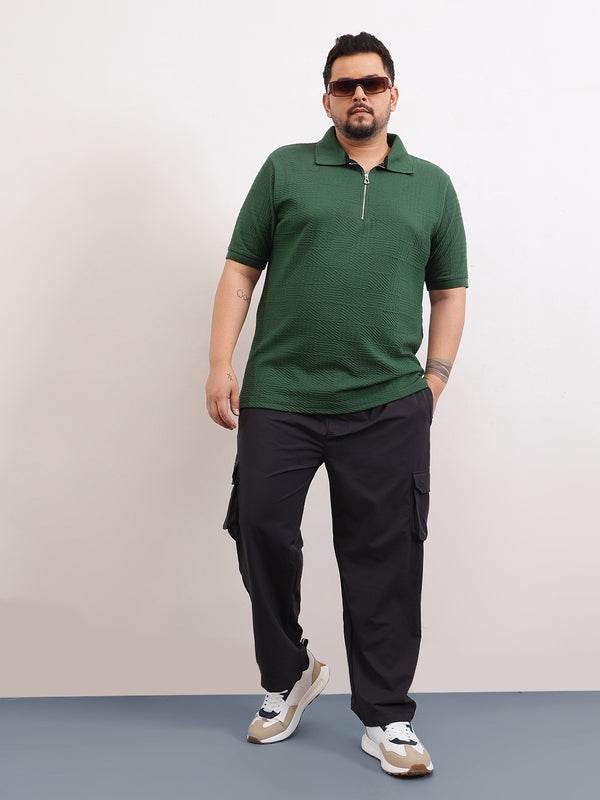Check Box Knit Textured Zipper Polo in Dark Green