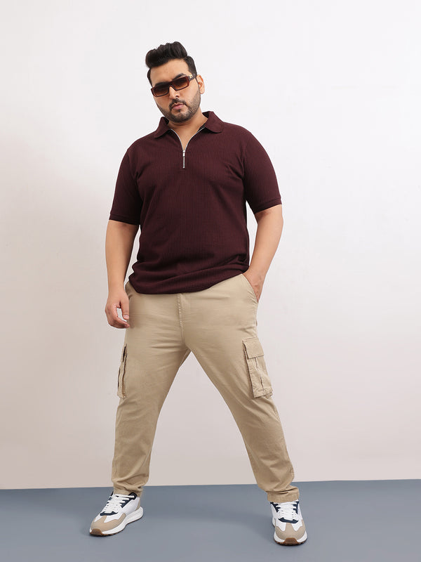 Interlock Zipper Knitted Polo T-shirt in Wine