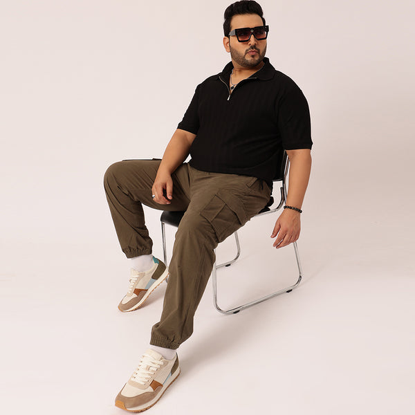 Textured Premium Zipper Knitted Polo T-shirt in Black