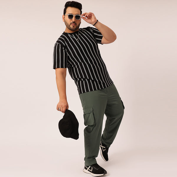 Black white Stripe Premium Round Neck T-shirt in Black
