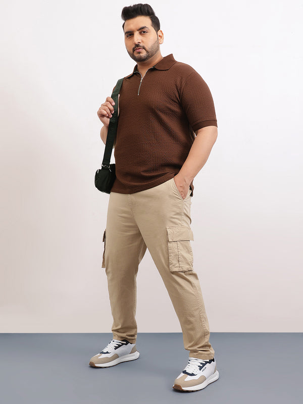 Check Box Knit Textured Zipper Polo in Brown