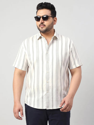 Plus Size Off White Textured Striped Half Sleeve Shirt