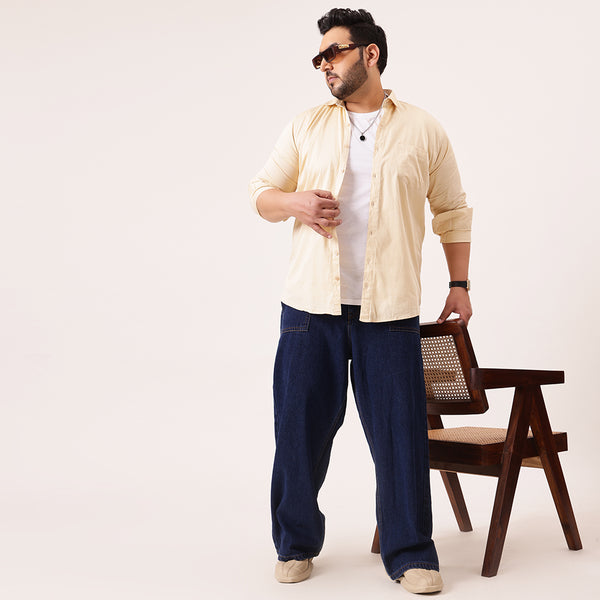 Beige Solid Cotton Shirt in -