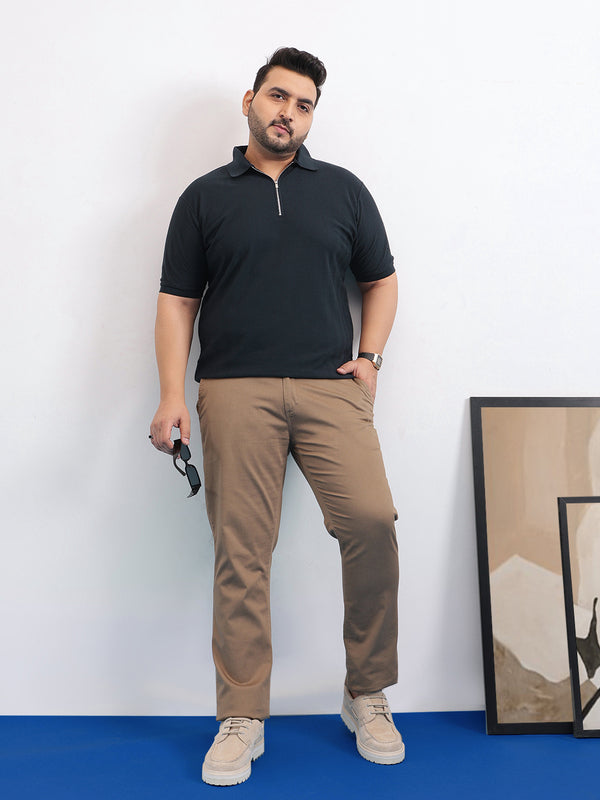 Textured Premium Zipper Knitted Polo T-shirt in Navy Blue