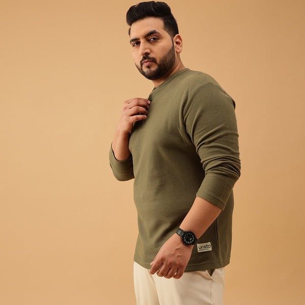 Henley Textured Premium Full Sleeve Tee in Light Olive Green