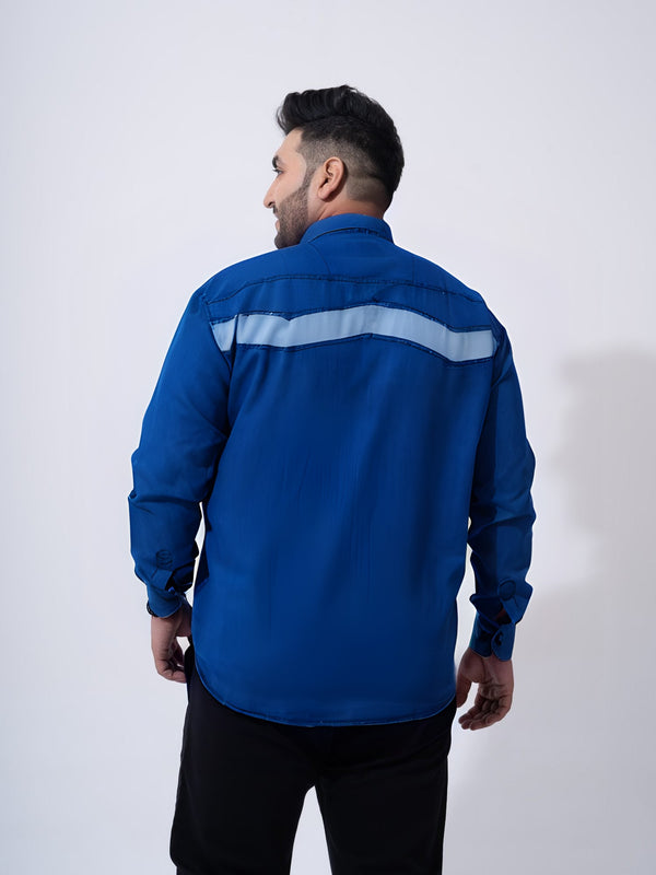 Vintage Colour Block Denim Cotton Shirt in Dark Blue