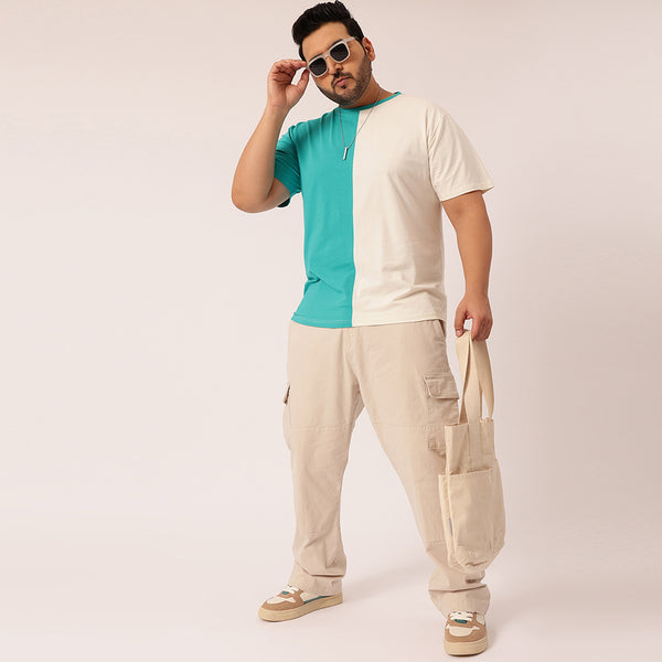 Dark Turquoise Off White Color Block T-shirt in Dark Turquoise White